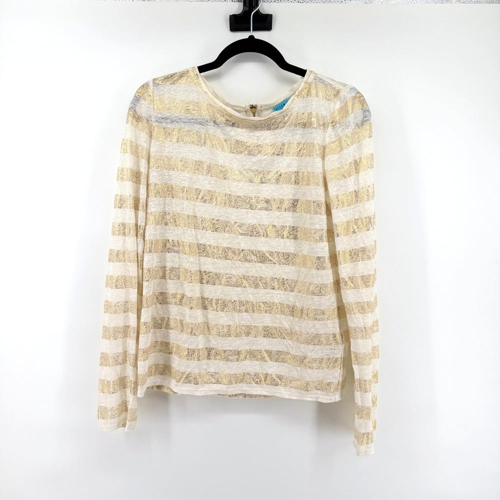 Alice + Olivia Top Metallic Striped Large Gold White Womens Linen Long Sleeve